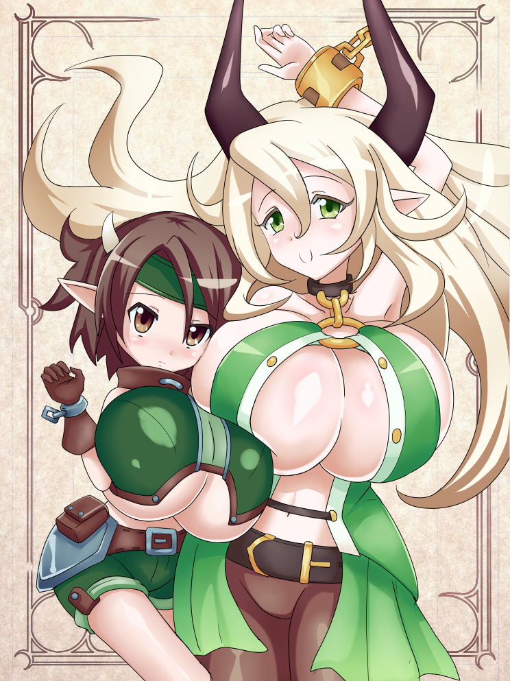 2girls, breasts, huge_breasts, minotaur, monster_girl, multiple_girls, raukofey