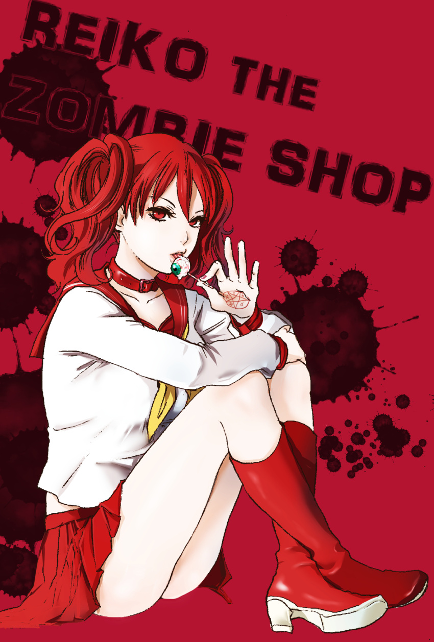 1girl, boots, candy, collar, copyright_name, eyeball, himezono_reiko, lollipop