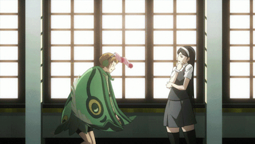 2girls, animated, animated_gif, black_hair, butterfly_wings, costume, jumping, kumashiro_maya