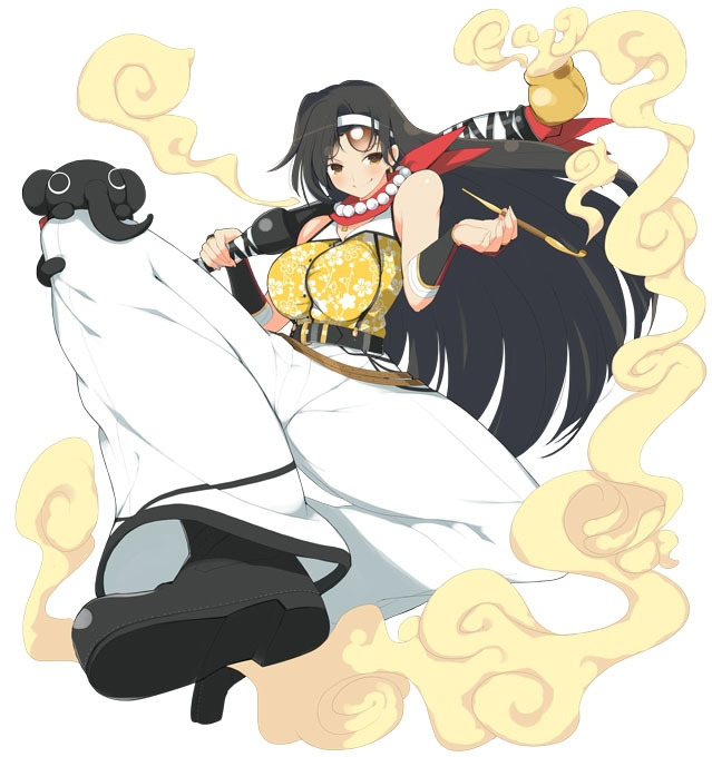 1girl, black_hair, breasts, female, jasmine_(senran_kagura), large_breasts, long_hair, pants