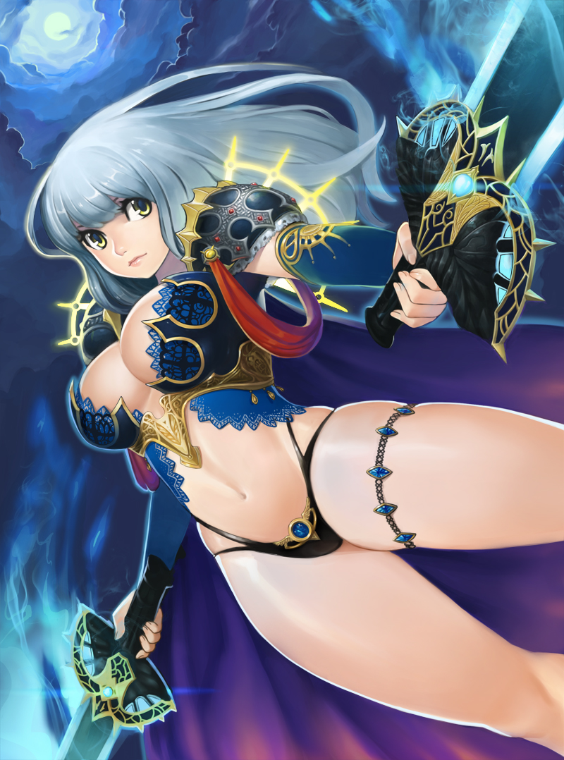 armor, bikini_armor, bling_(wnsdud34), breasts, silver_hair, sword, yellow_eyes