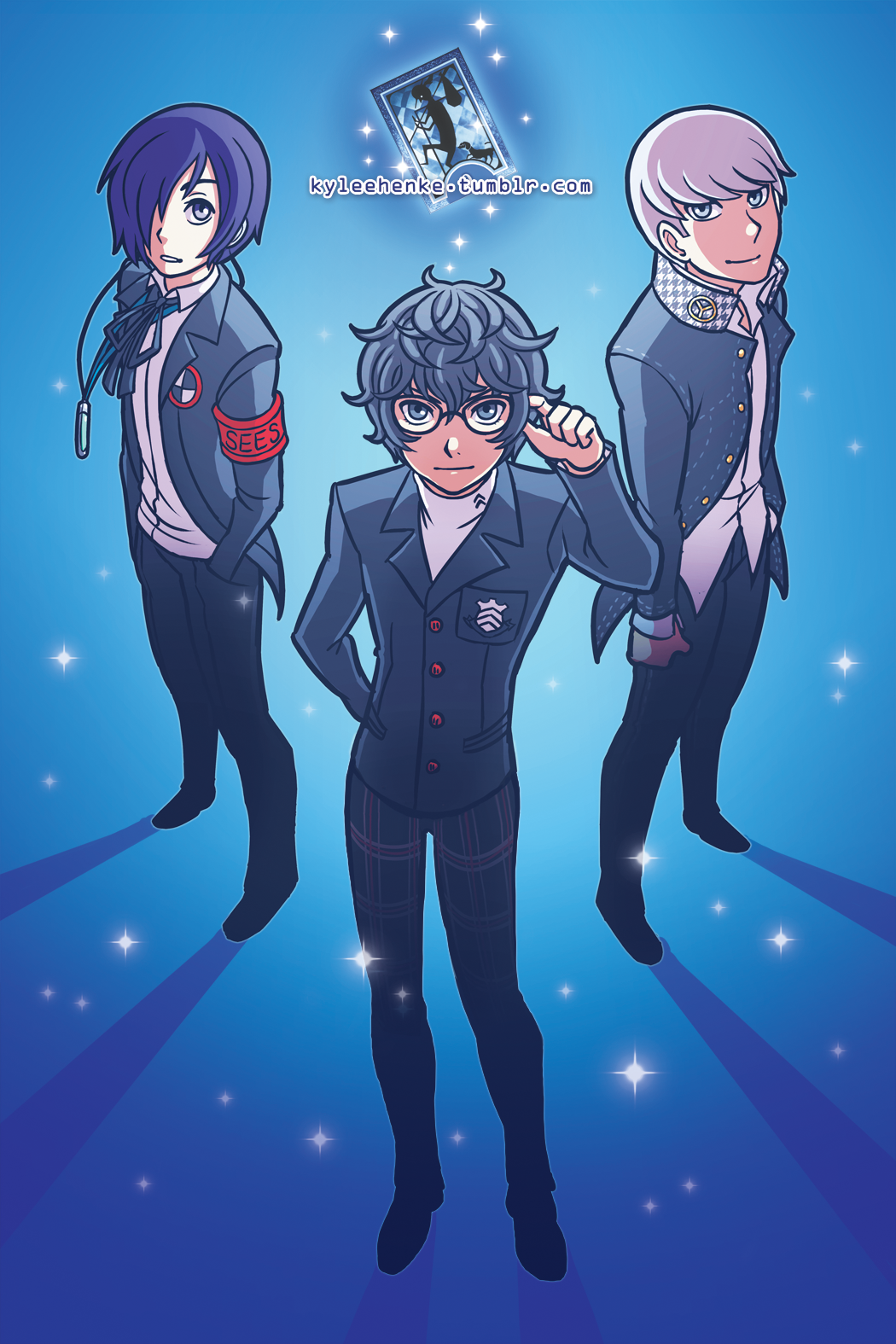 3boys, arisato_minato, armband, black_hair, blue_hair, card, curly_hair, emblem, glasses, hair_over_one_eye, kurusu_akira, kylee_henke, looking_at_viewer, multiple_boys, narukami_yuu, persona, persona_3, persona_4, persona_5, protagonist_(persona_5), school_uniform, short_hair, silver_hair, sparkle, standing, yuuki_makoto