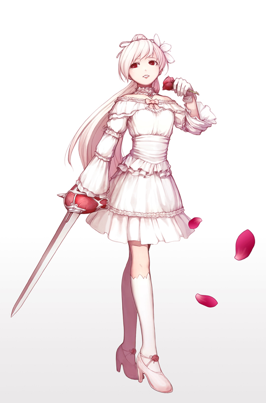 1girl, albino, female, flower, frills, hair_flower, hair_ornament, high_heels, holding, holding_sword, holding_weapon, long_hair, long_sleeves, mr._yvk, original, ponytail, red_eyes, red_flower, red_rose, ribbon, rose, sleeves_past_wrists, socks, solo, sword, weapon, white_background, white_hair, white_legwear