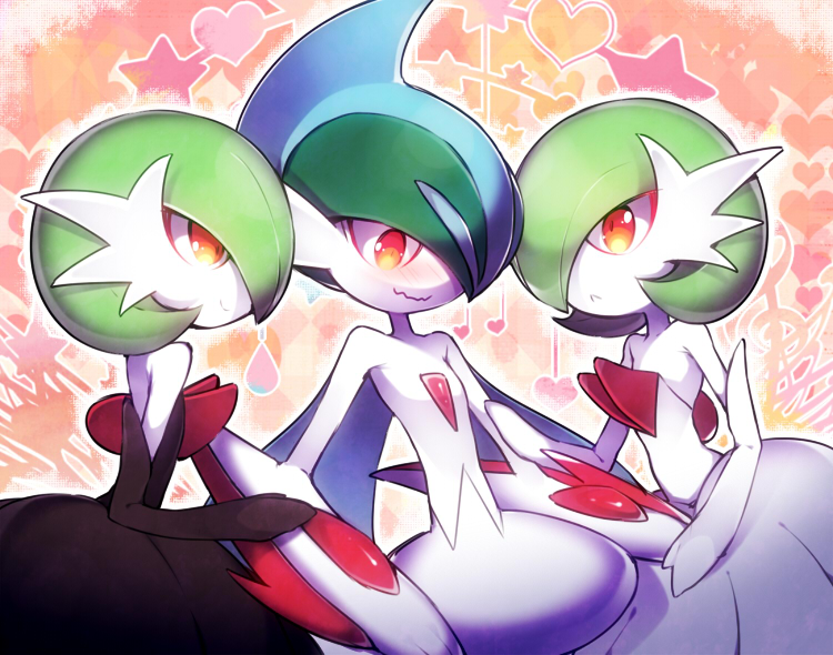 :<, alternate_color, arm_blade, blush, dual_persona, gallade, gardevoir, long_skirt, looking_at_another, mega_gallade, mega_gardevoir, mega_pokemon, noni-nani, pokemon, pokemon_(game), shiny_pokemon, skirt, weapon