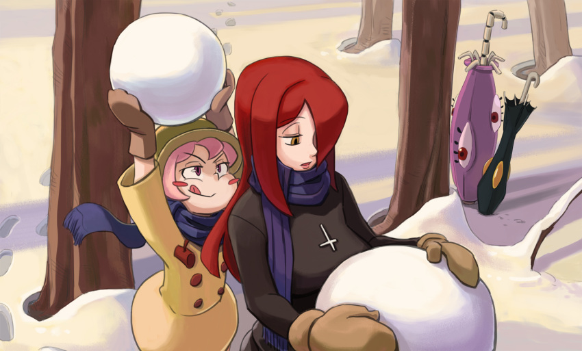 2girls, artist_request, blush_stickers, female, hair_over_one_eye, hat, hungern_(skullgirls), krieg_(skullgirls)
