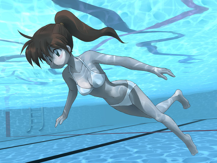 bikini, brown_hair, green_eyes, long_hair, masuki, original, ponytail, pool
