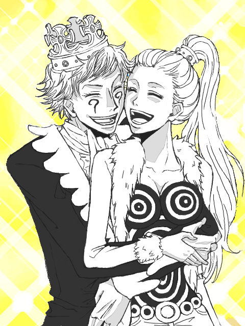 1boy, 1girl, baroque_works, belt, crown, facial_mark, fur_trim, hug