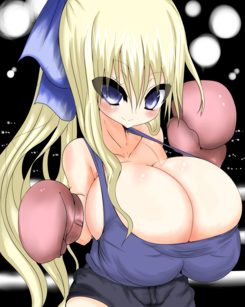 1girl, blonde_hair, blue_eyes, blush, boxing_gloves, breasts, bursting_breasts, cleavage