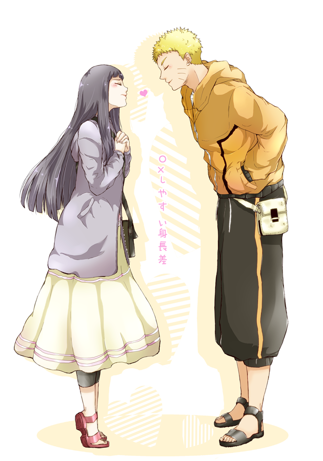 1boy, 1girl, bag, blonde_hair, casual, closed_eyes, couple, heart, hime_cut, hood, hoodie, hyuuga_hinata, long_hair, long_skirt, naruto, naruto:_the_last, oretto_(ring), purple_hair, sandals, shoulder_bag, skirt, spiky_hair, uzumaki_naruto, very_short_hair, whiskers