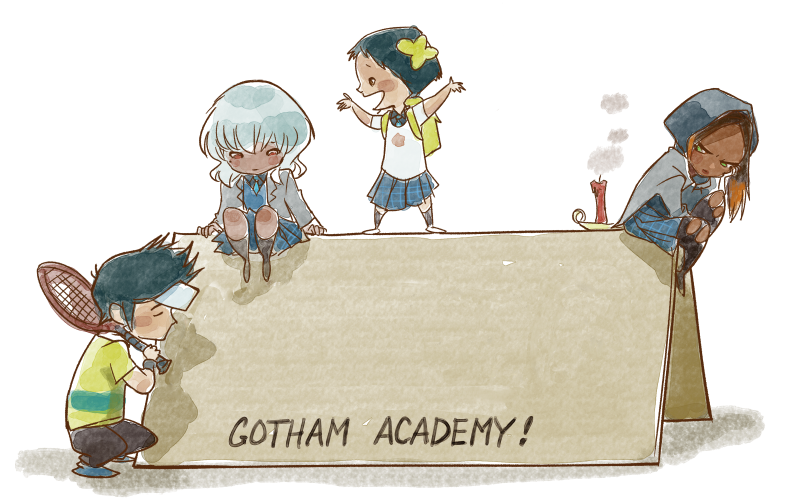 1boy, 3girls, backpack, bag, batman_(series), black_hair, blazer, brother_and_sister