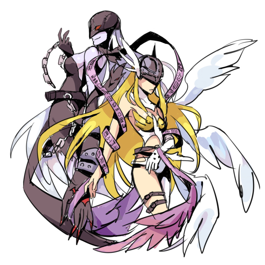 2girls, angel, angel_and_devil, angewomon, ass, bare_shoulders, blonde_hair, blush
