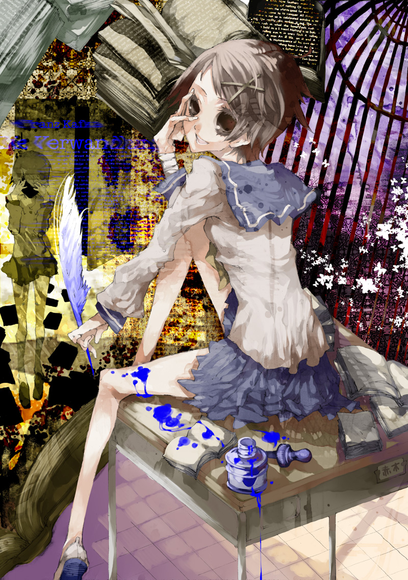 book, brown_eyes, brown_hair, desk, feathers, fuura_kafuka, hair_ornament, hairclip