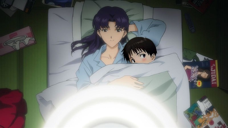 1boy, 1girl, black_hair, blue_eyes, blush, brown_eyes, evangelion:_1.0_you_are_(not)_alone, futon