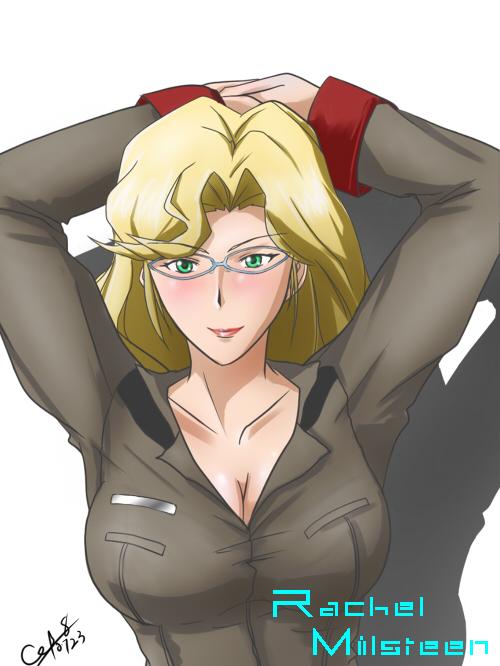 1girl, blonde_hair, breasts, character_name, cleavage, female, glasses, green_eyes, gundam, gundam_lost_war_chronicles, large_breasts, pitt, rachel_milsteen, solo, uniform