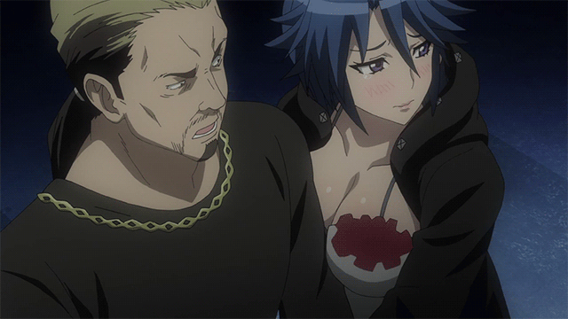 1boy, 1girl, animated, animated_gif, between_breasts, blue_hair, blush, breasts