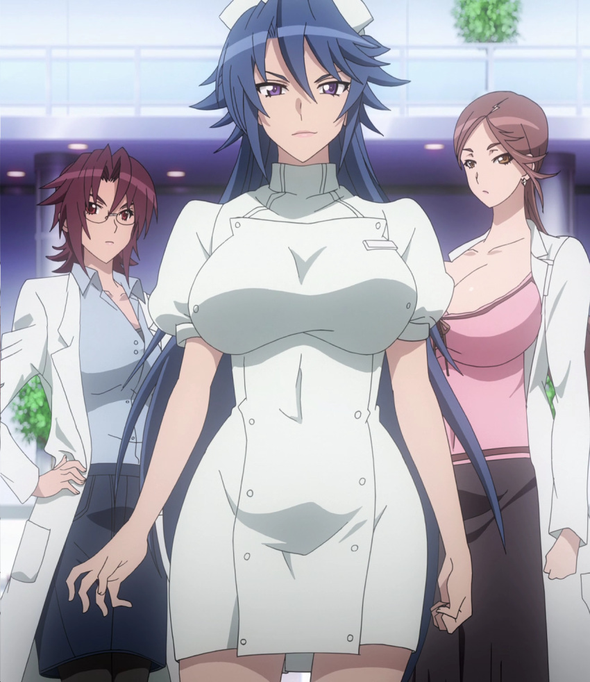 3girls, blue_hair, breasts, brown_eyes, brown_hair, cleavage, glasses, hand_on_hip
