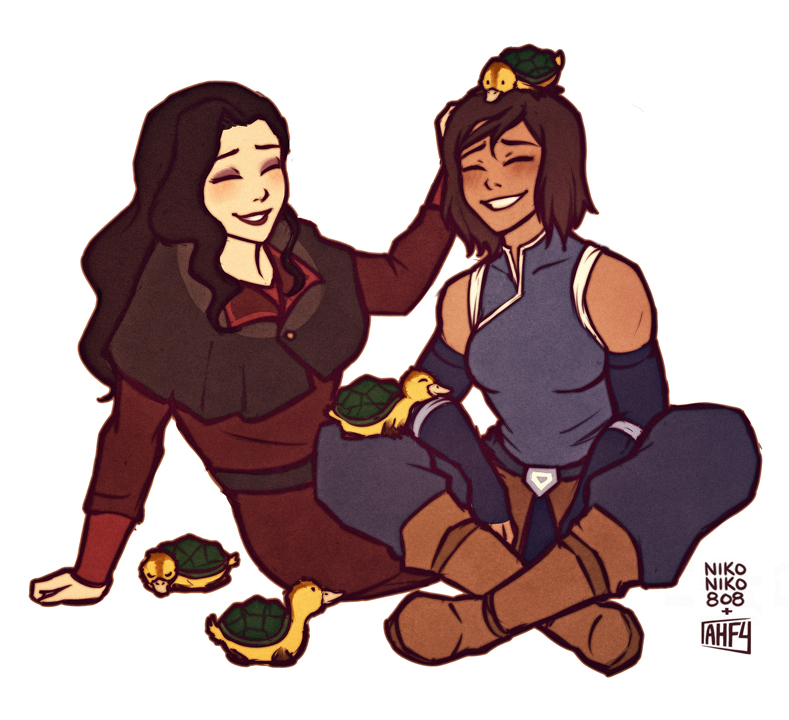 2girls, animal, artist_name, asami_sato, avatar:_the_last_airbender, boots, closed_eyes, collaboration, couple, curly_hair, dark_skin, eyeshadow, iahfy, korra, legs_crossed, long_hair, makeup, multiple_girls, nikoniko808, short_hair, sitting, sleeveless, smile, the_legend_of_korra