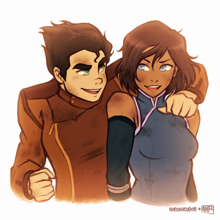 1boy, 1girl, arm_around_shoulder, avatar:_the_last_airbender, black_hair, blue_eyes, bolin, brown_hair