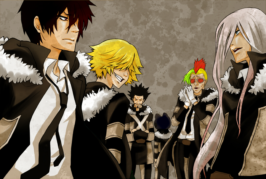 belphegor_(reborn), black_hair, blonde_hair, brown_hair, closed_eyes, crossed_arms, facial_hair, fran_(reborn)