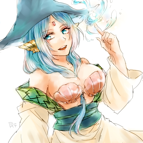 1girl, artist_request, blue_eyes, blue_hair, breasts, conch_shell, hat, large_breasts