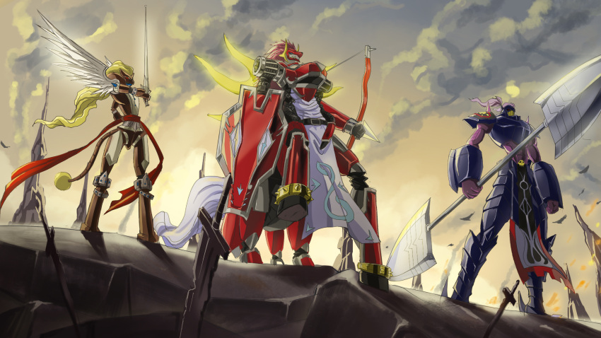 armor, belt, black_sclera, bow_(weapon), building, cape, claws, craniamon