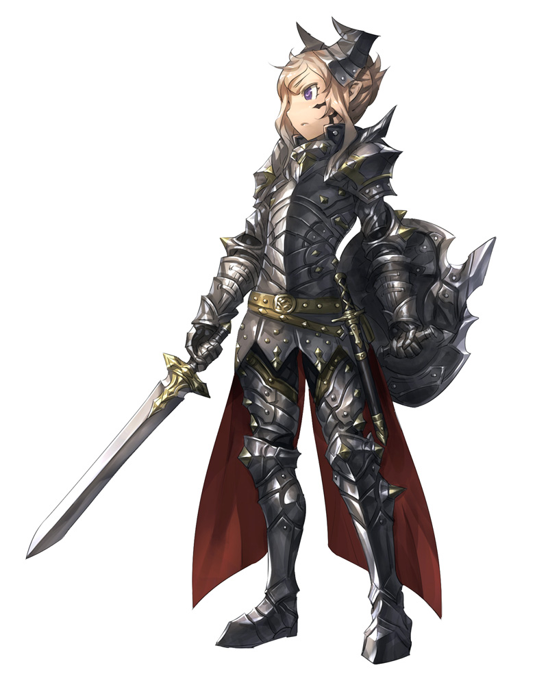 1girl, armor, blonde_hair, closed_mouth, dagger, female, full_body, holding