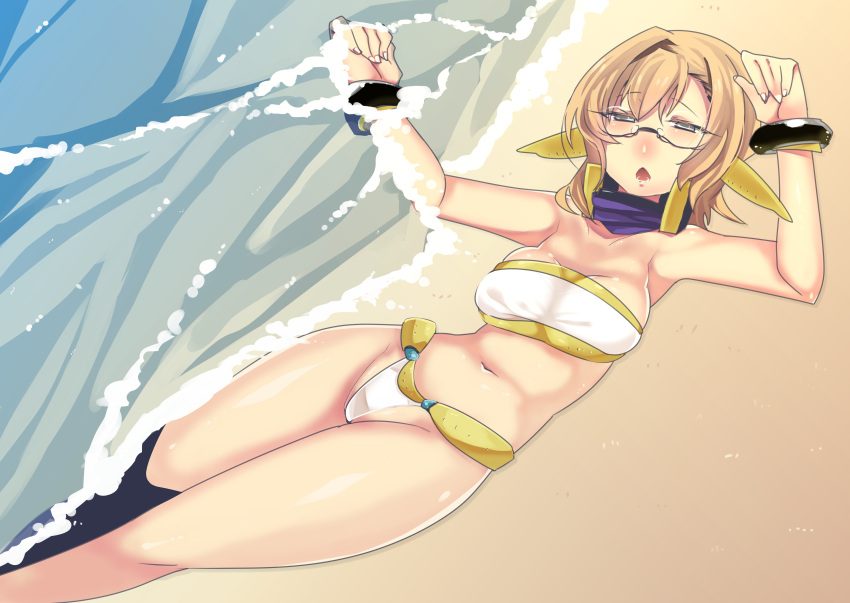 1girl, absurdres, armpits, beach, bikini, brown_hair, character_request, elf