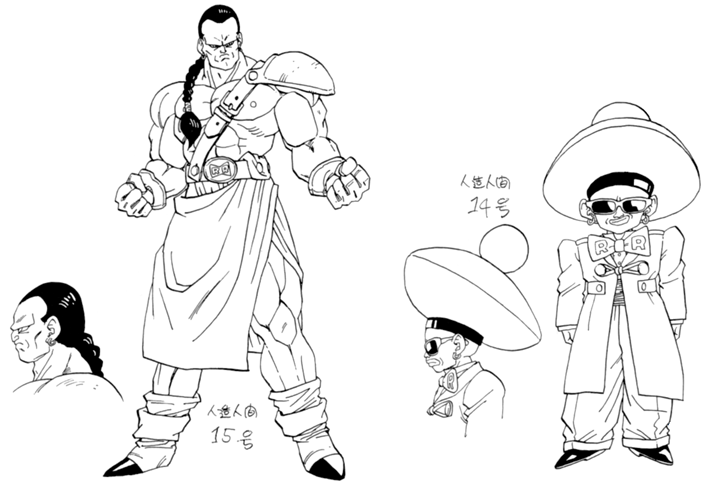 2boys, android_15, anrdoid_14, character_design, dragon_ball, dragonball_z, maeda_minoru, monochrome, multiple_boys, muscle, official_art, size_difference, sunglasses