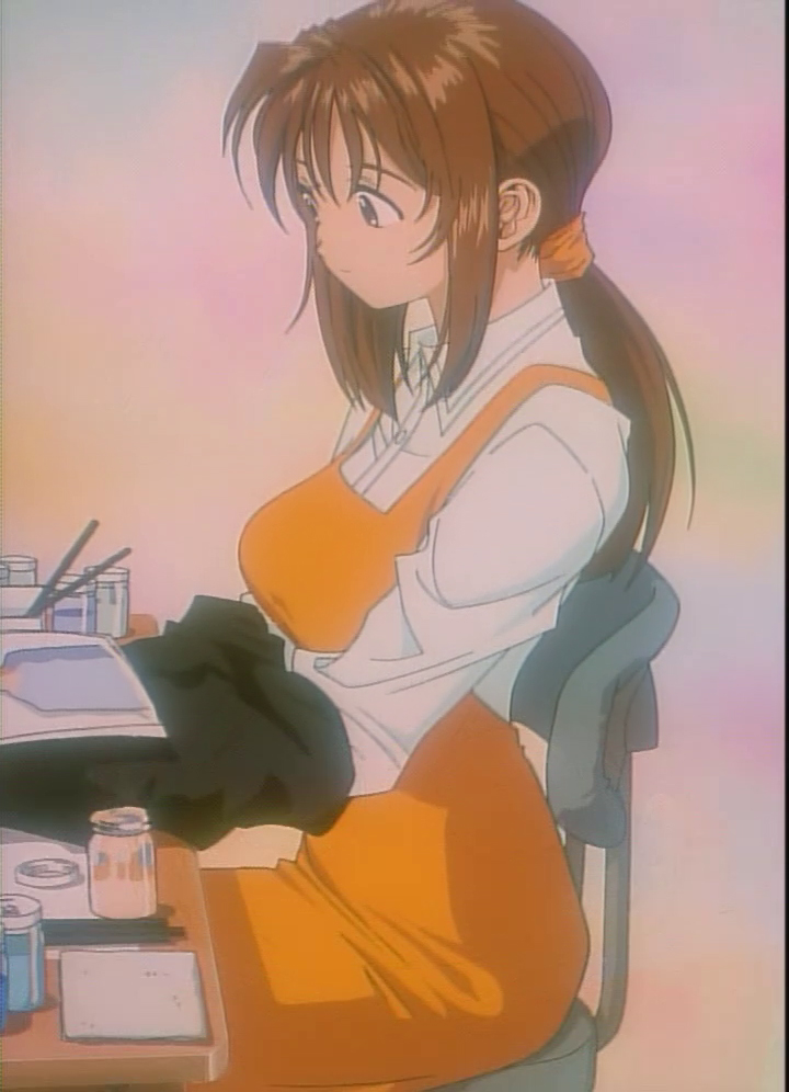 1girl, 90s, brown_hair, chie_(golden_boy), golden_boy, hair_ribbon, kawamoto_toshihiro, ponytail, ribbon, screencap, sitting, solo, stitched