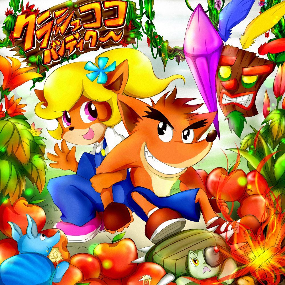 1boy, 1girl, aku_aku, animal, apple, armadillo, black_eyes, blonde_hair