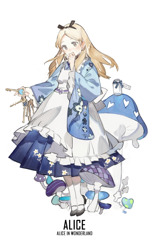 1girl, adapted_costume, alice_(wonderland), alice_in_wonderland, apron, black_shoes, blonde_hair, blue_hakama, blue_ribbon, blush, bottle, character_name, covered_mouth, covering_mouth, disney, drink_me, floral_print, frilled_apron, frills, full_body, grey_eyes, hairband, hakama, hand_over_own_mouth, heart, holding, japanese_clothes, kimono, long_hair, long_sleeves, looking_at_viewer, mary_janes, mushroom, note, pantyhose, print_kimono, ribbon, shoes, simple_background, solo, standing, starshadowmagician, tiptoes, white_apron, white_legwear, wide_sleeves