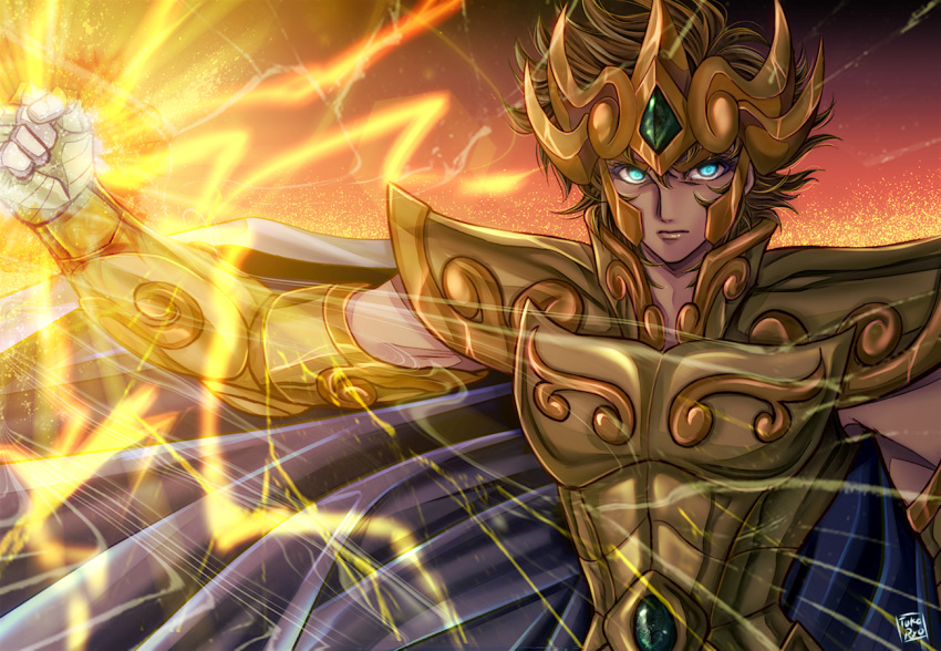1boy, aqua_eyes, armor, brown_hair, cape, clenched_hand, gold_armor, gold_saint