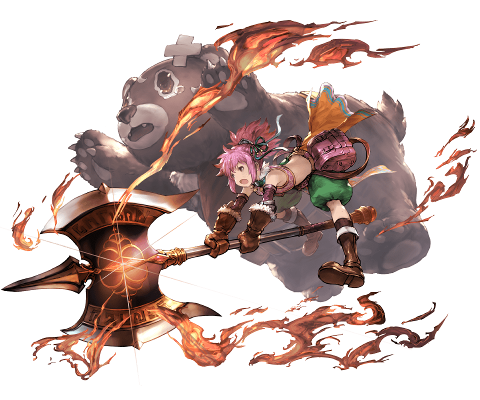 >:o, 1girl, :o, abby_(shingeki_no_bahamut), animal, attack, axe, backpack