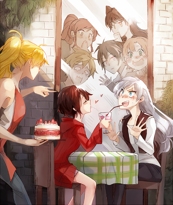 2boys, 6+girls, bare_shoulders, black_hair, blake_belladonna, blue_eyes, blush, bow