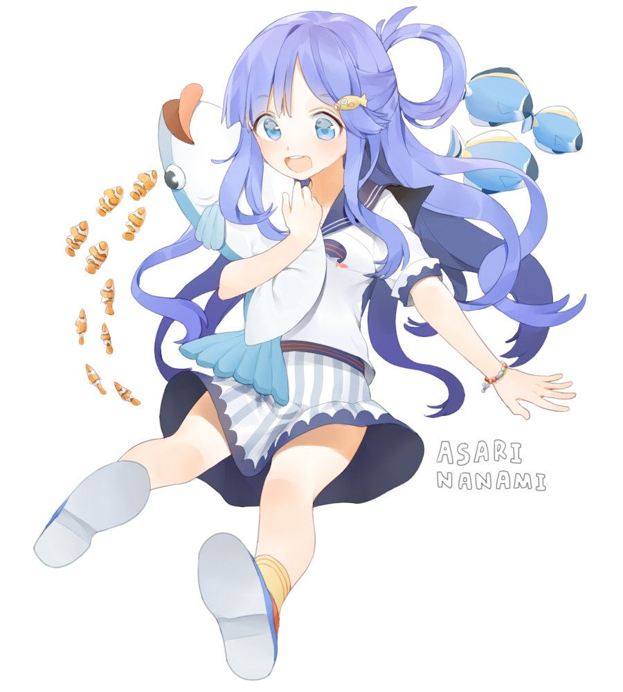1girl, :d, asari_nanami, bead_bracelet, beads, blue_eyes, blue_hair, blue_shoes