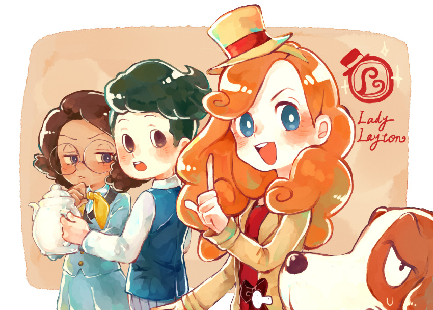 1boy, 2girls, beagle, blue_eyes, brown_eyes, brown_hair, catriel_layton, copyright_name