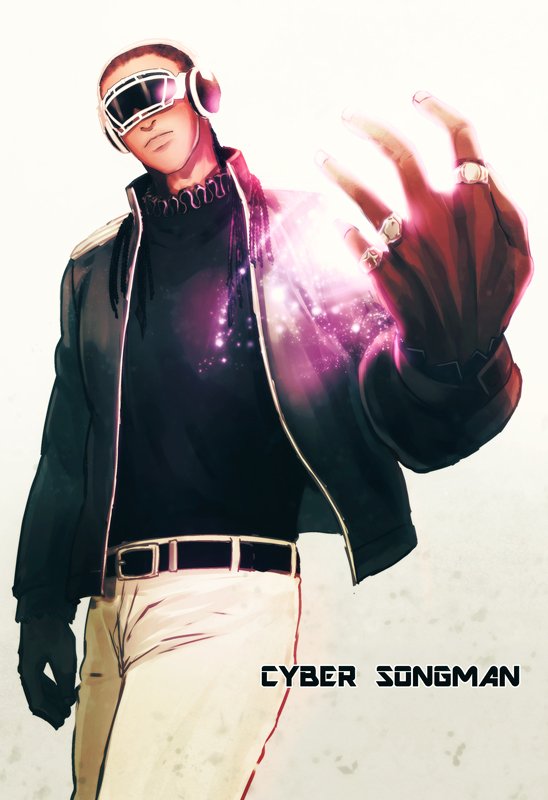 1boy, 48kaz, belt, character_name, cowboy_shot, cyber_songman, dark_skin, dark_skinned_male