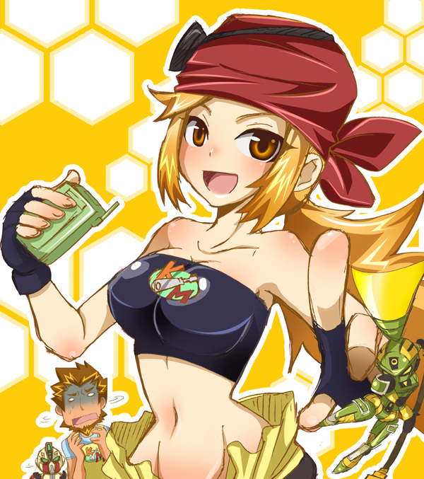 1boy, 1girl, bandanna, bare_shoulders, breasts, chibi, danball_senki, female, kitajima_saki, long_hair, looking_at_viewer, smile