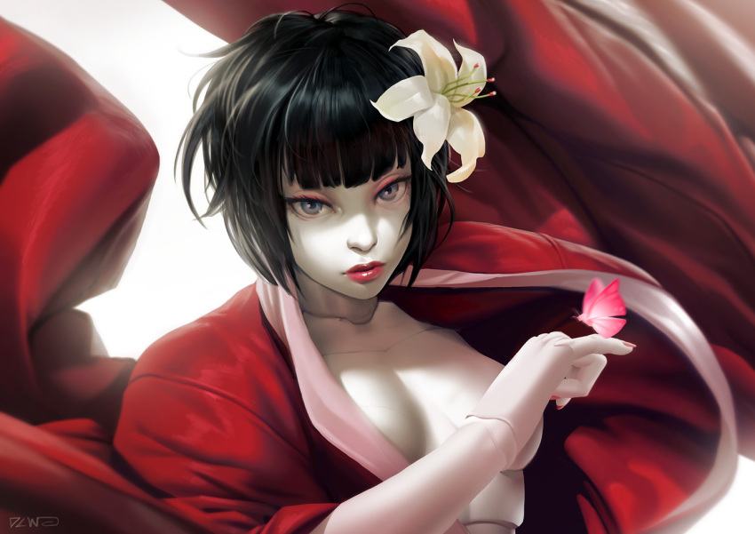 1girl, android, black_hair, blue_eyes, butterfly, dcwj, flower, ghost_in_the_shell, ghost_in_the_shell:_innocence, hadaly, hair_flower, hair_ornament, lipstick, looking_at_viewer, makeup, nail_polish, open_clothes, pale_skin, robot_joints, short_hair, solo