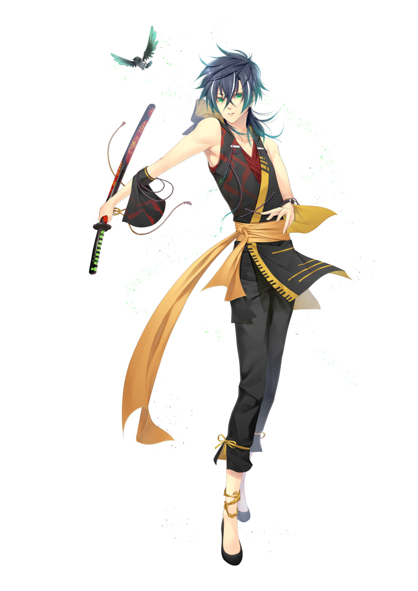 1boy, absurdres, bare_shoulders, bird, black_hair, detached_sleeves, full_body, green_eyes