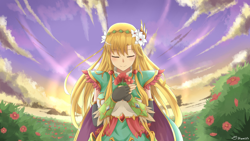 1girl, armor, artist_name, blonde_hair, blush, brave_frontier, closed_eyes, clouds, fingerless_gloves, flower, gloves, grass, hairband, highres, leaf, libera_(brave_frontier), long_hair, sky, solo, stanis23, upper_body