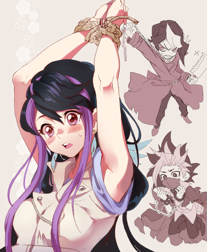1girl, 2boys, armpits, bound, bound_wrists, chains, collar, kurosaki_ruri