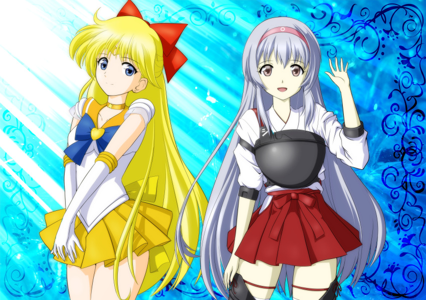 2girls, :d, absurdres, aino_minako, arm_up, bare_legs, bishoujo_senshi_sailor_moon, blonde_hair