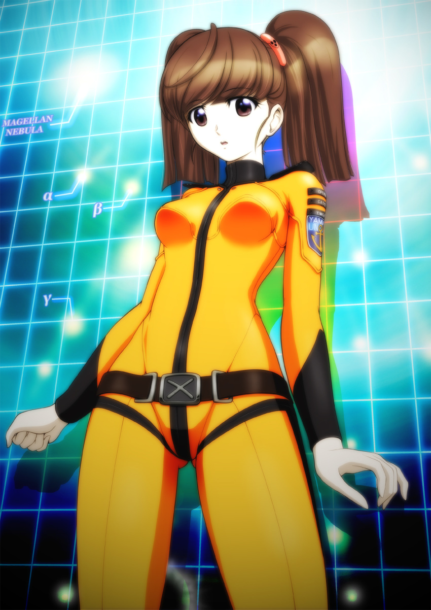 1girl, belt, bodysuit, breasts, brown_eyes, brown_hair, highres, misaki_yuria