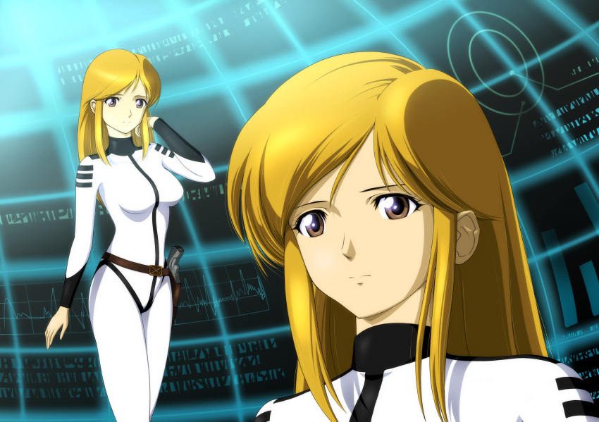 1girl, 4, absurdres, blonde_hair, bodysuit, breasts, brown_eyes, hand_in_hair