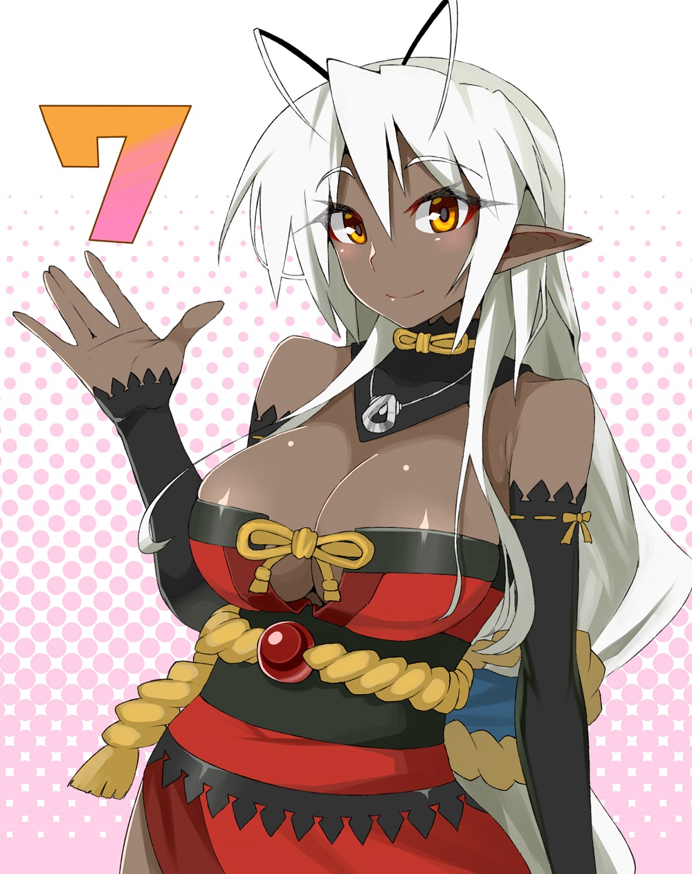 1girl, antenna_hair, bare_shoulders, blush, breasts, dark_elf, dark_skin, detached_sleeves