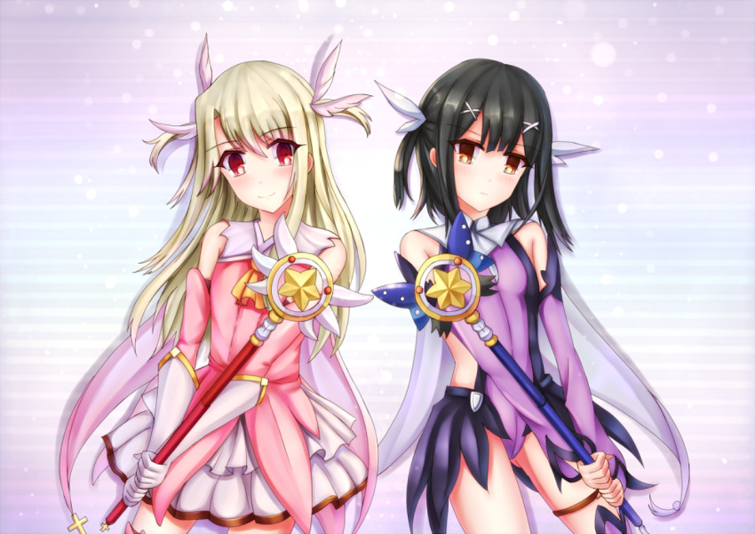 2girls, black_hair, blonde_hair, brown_eyes, detached_sleeves, fate/kaleid_liner_prisma_illya, fate_(series), feathers, frilled_skirt, frills, gloves, hair_feathers, hair_ornament, holding, leotard, long_hair, looking_at_viewer, mafuyu_(867208837), magical_girl, miyu_edelfelt, multiple_girls, prisma_illya, red_eyes, skirt, smile, staff, white_gloves, white_skirt, x_hair_ornament