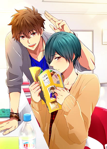 2boys, azuki_66, bottle, brothers, brown_hair, chair, closed_mouth, green_hair