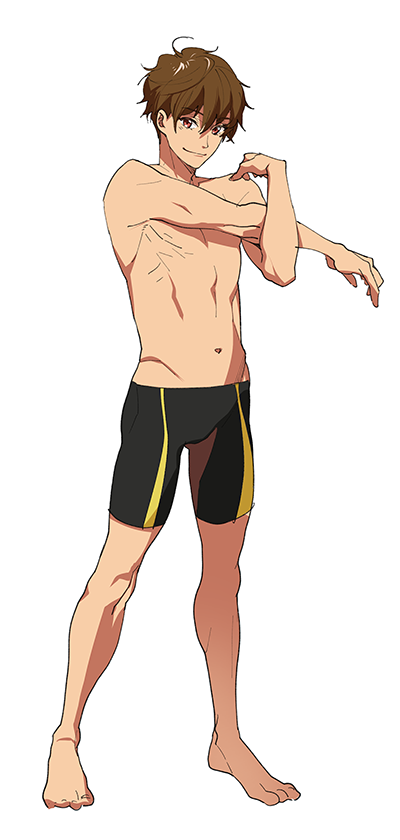 1boy, adonis_belt, barefoot, brown_hair, full_body, high_speed!, kirishima_natsuya, looking_at_viewer, male_focus, megumi-square, muscle, red_eyes, serizawa_nao, short_hair, simple_background, smile, solo, swim_trunks, topless, white_background