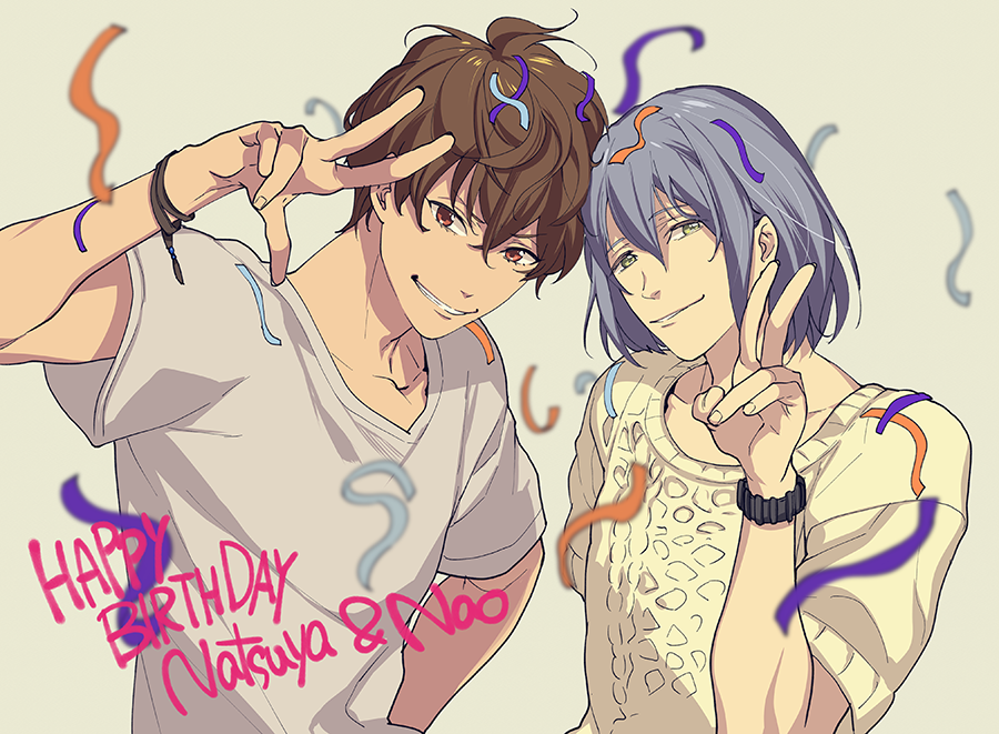 2boys, brown_hair, character_name, confetti, green_eyes, happy_birthday, high_speed!, kirishima_natsuya